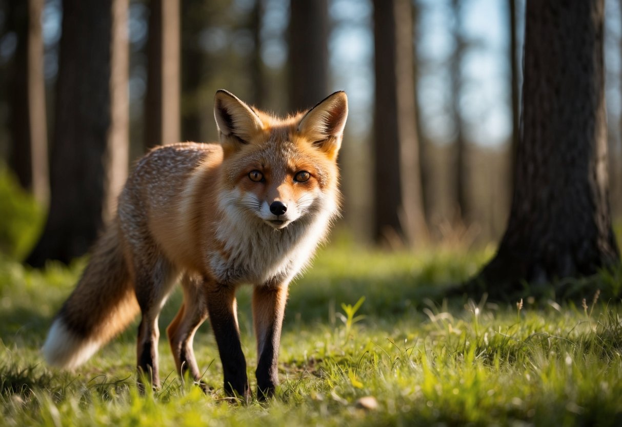 A fox emerges from the forest, its fur glowing in the sunlight as it looks around cautiously