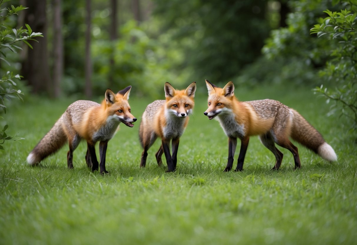 A group of foxes roam freely through a lush, forested area, displaying playful and friendly interactions with each other