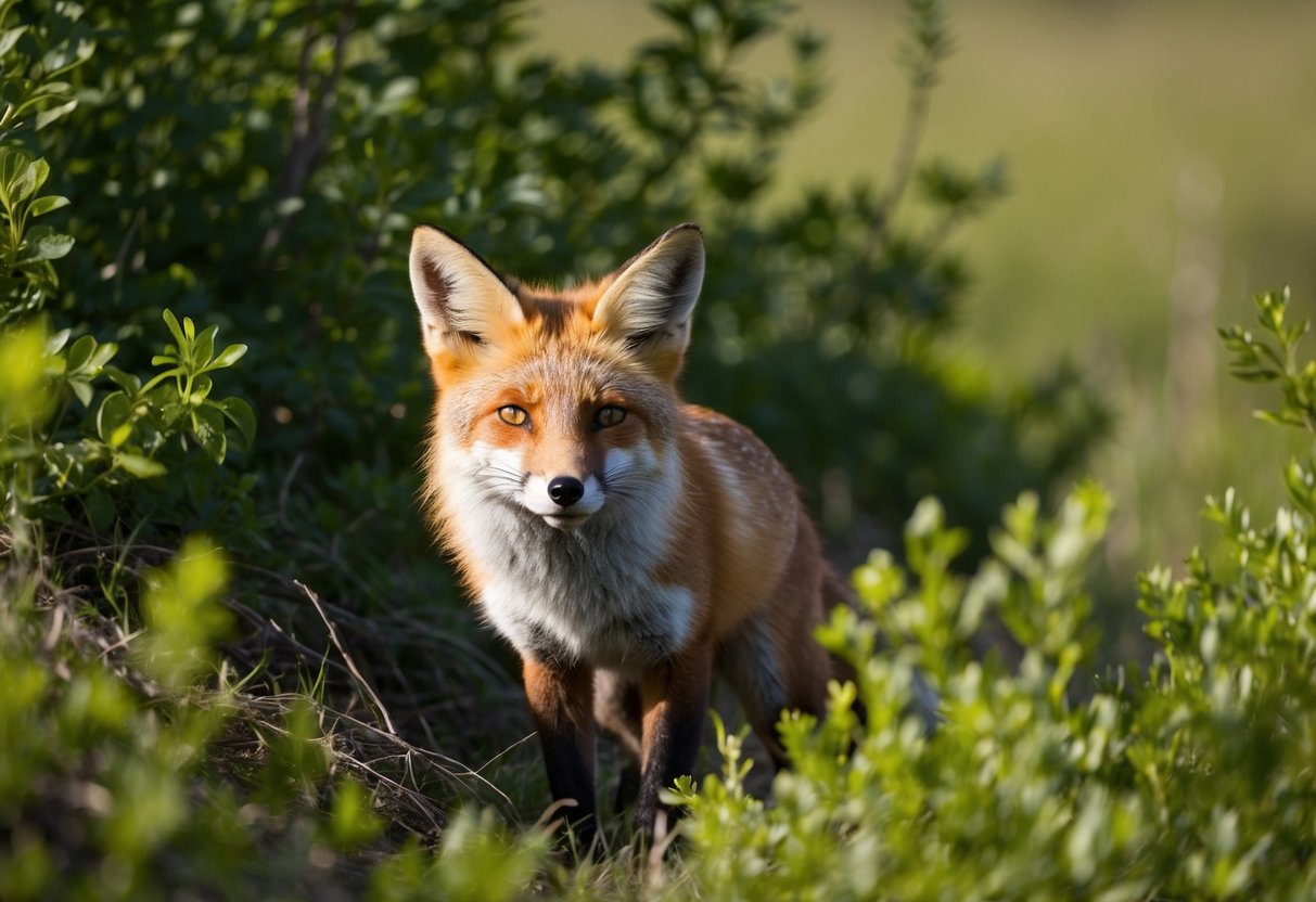 A fox cautiously emerges from the underbrush, its bright fur contrasting against the green foliage. The midday sun casts a warm glow as the fox looks around, alert and curious