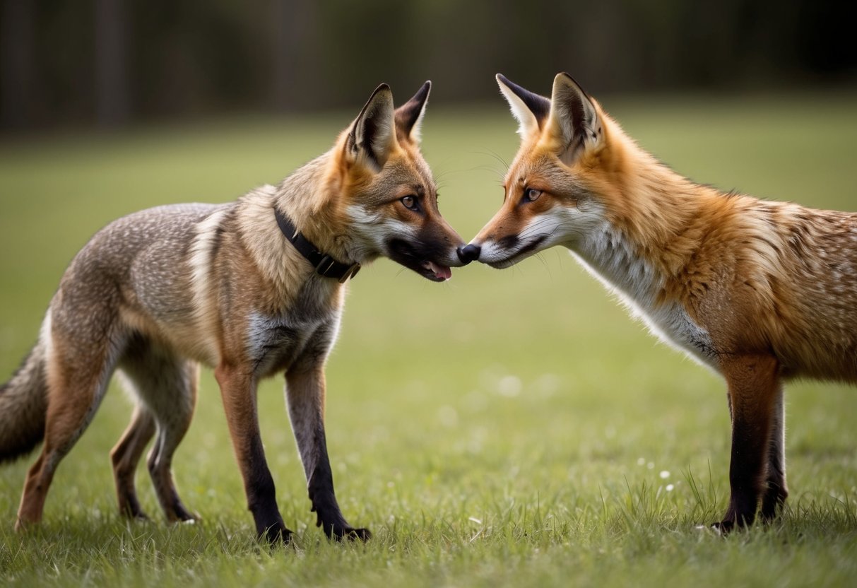 A fox cautiously approaches a female dog in heat, sniffing the air and displaying curiosity