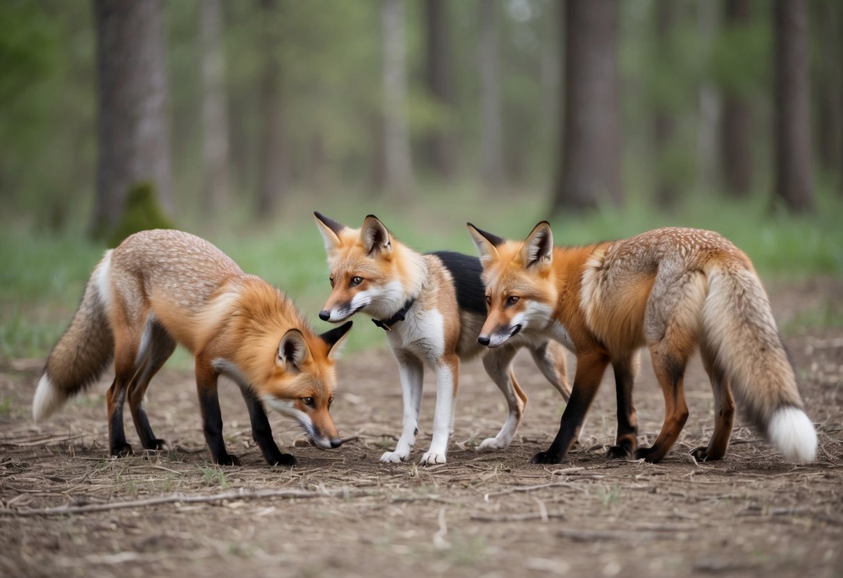 Two foxes and a dog in heat in a forest clearing. The foxes are showing interest in the dog, sniffing and circling around her