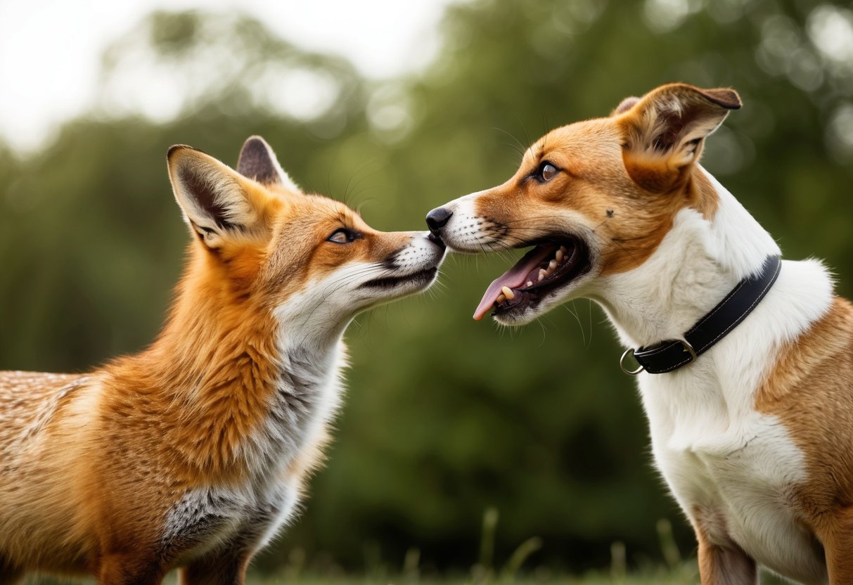 A red fox and a panting dog stand close together, their noses touching as they sniff each other. The fox's tail is raised in curiosity, while the dog's tail wags eagerly