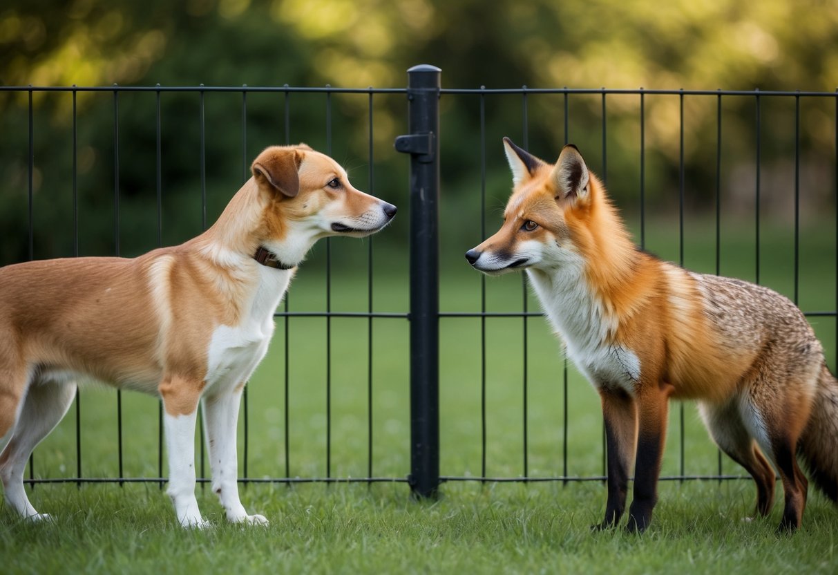 A dog and a fox stand facing each other, separated by a fence. They look at each other with curiosity, but their physical differences are clear