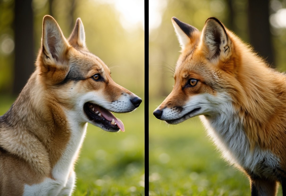 A dog and a fox facing each other, with a barrier between them, representing the genetic incompatibility preventing them from mating