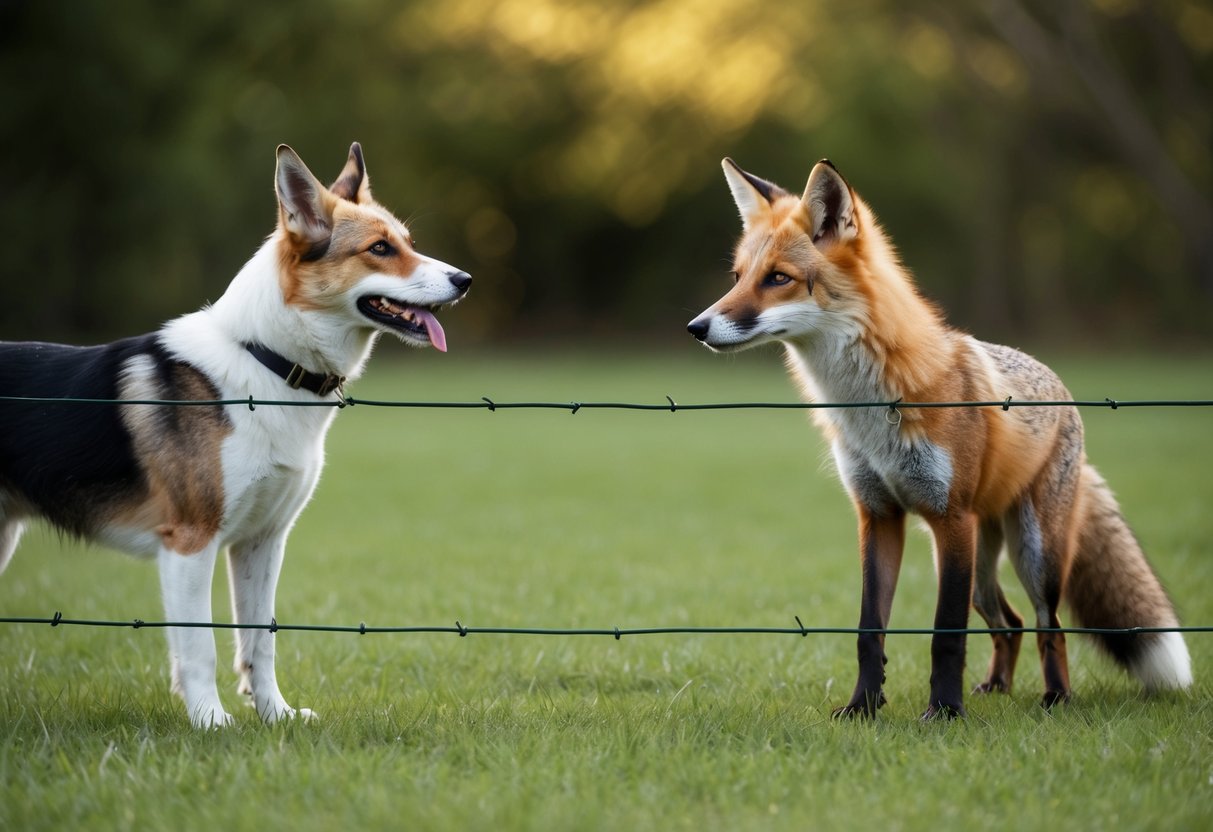 A domestic dog and a wild fox stand on opposite sides of a fence, unable to reach each other