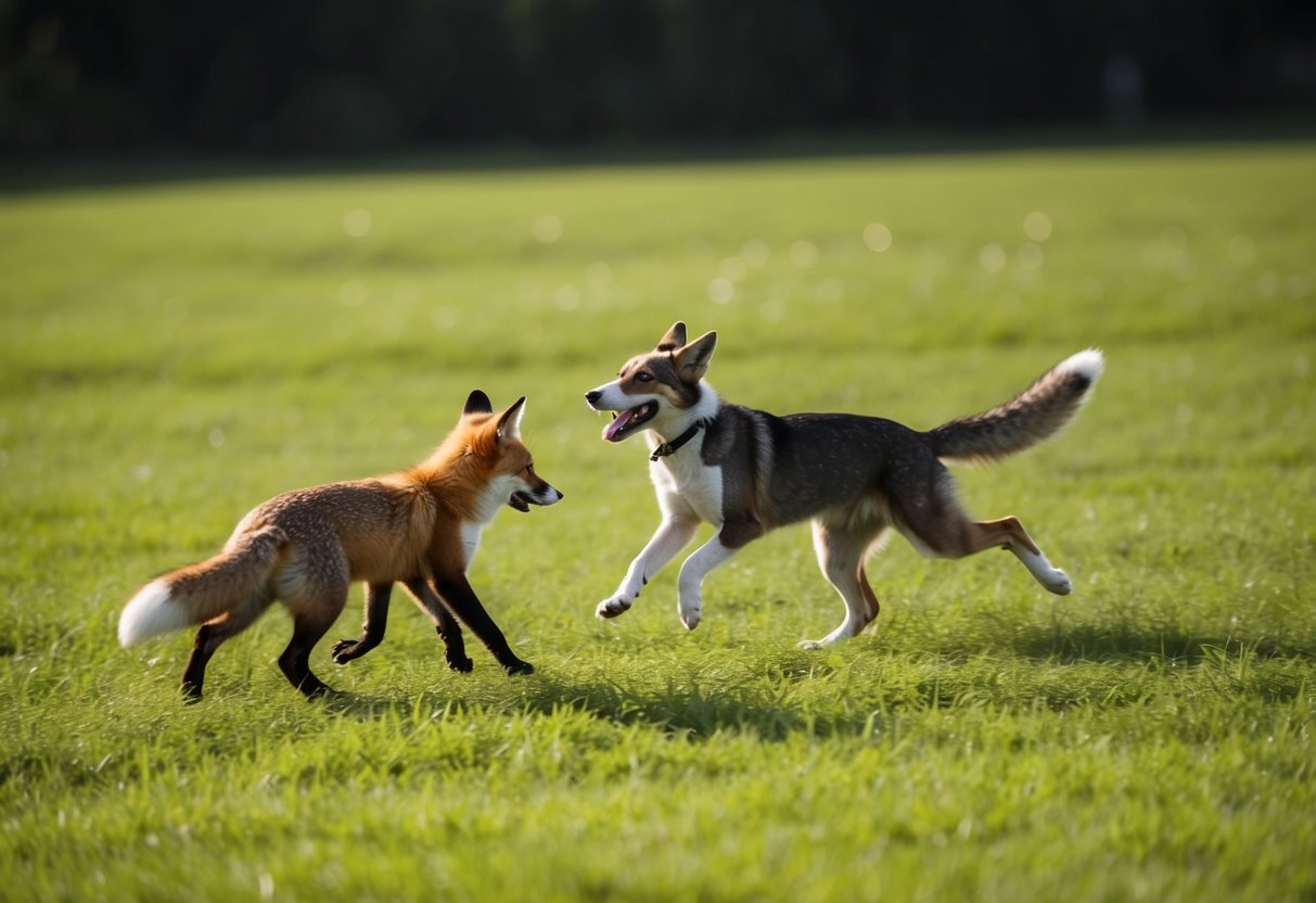 A fox chases a cat and dog through a grassy field