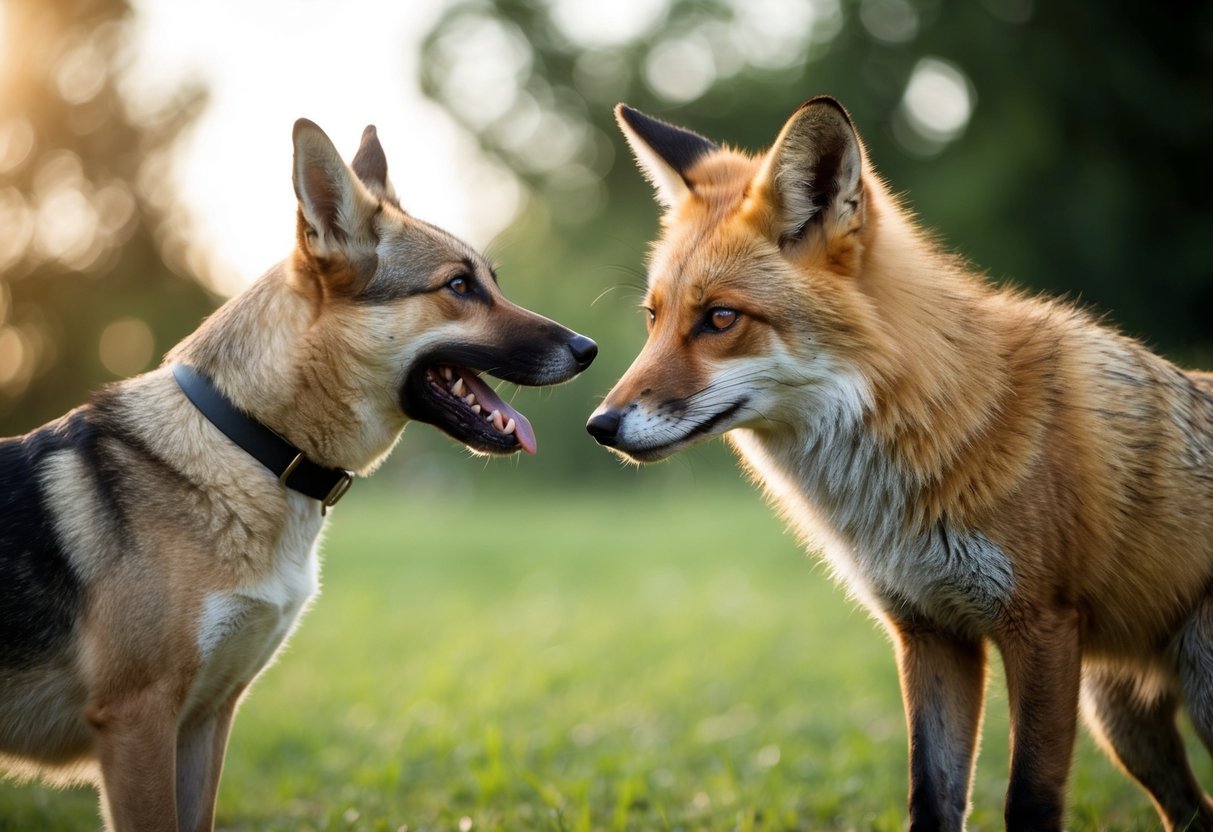 A domestic dog and a wild fox stand facing each other, their body language indicating confusion and hesitation. They are unable to mate due to genetic differences