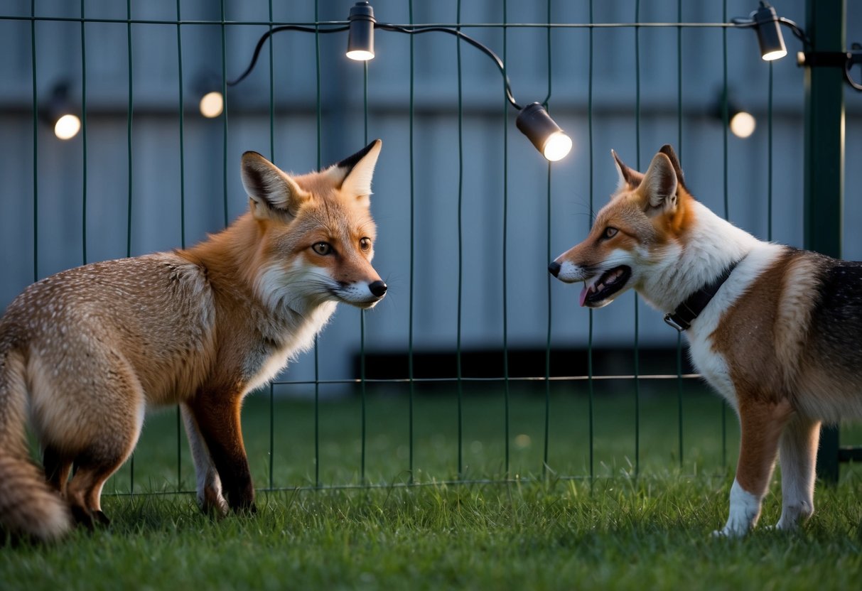 A fox eyes a wary cat and dog from a distance, surrounded by a secure fence and motion-activated lights