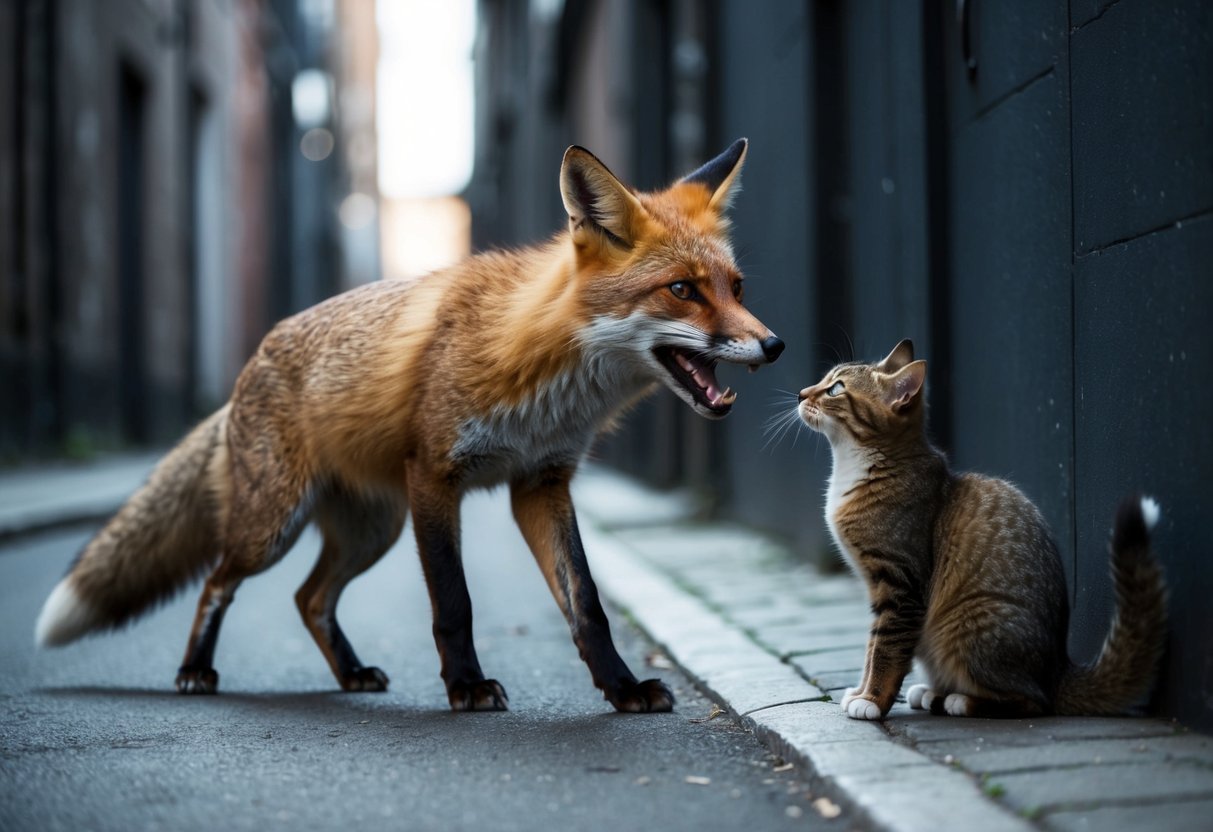 A fox lunges at a cat in a dark alley, teeth bared and claws extended