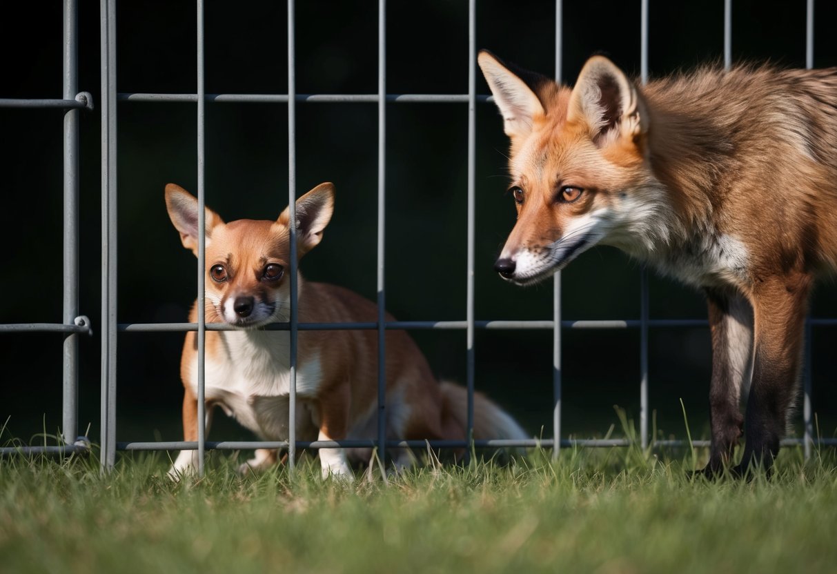 A small dog cowers behind a fence, eyes wide with fear, as a sleek fox lurks in the shadows, its sharp eyes fixed on the trembling canine