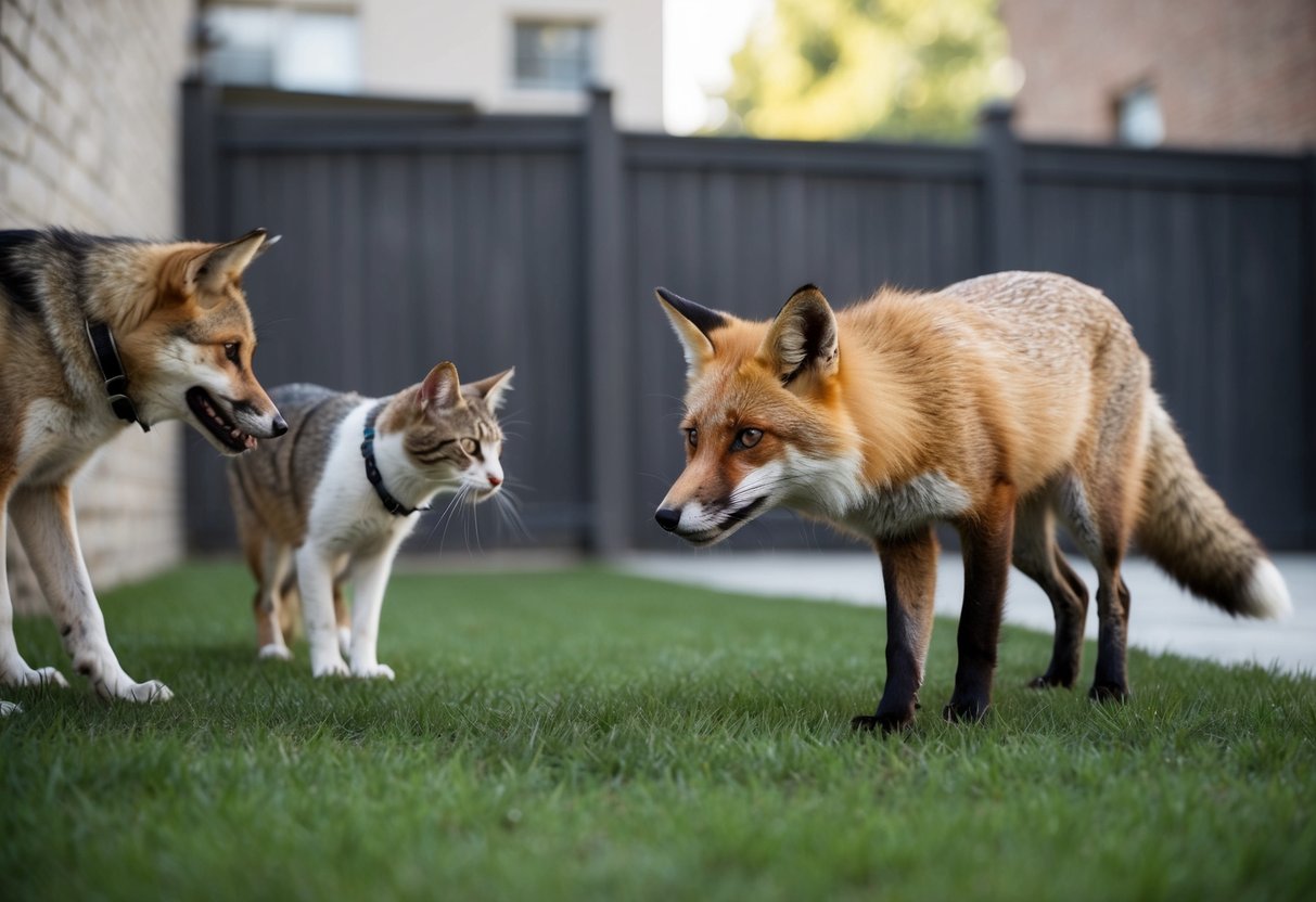 An urban fox cautiously approaches a backyard, eyeing a curious cat and a wary dog