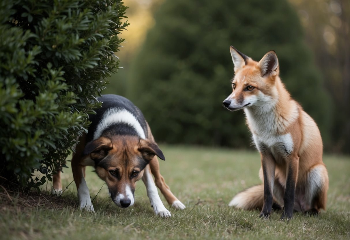 A dog cowers behind a bush, ears flattened and tail tucked, while a sleek fox watches from a distance, its eyes fixed on the trembling canine