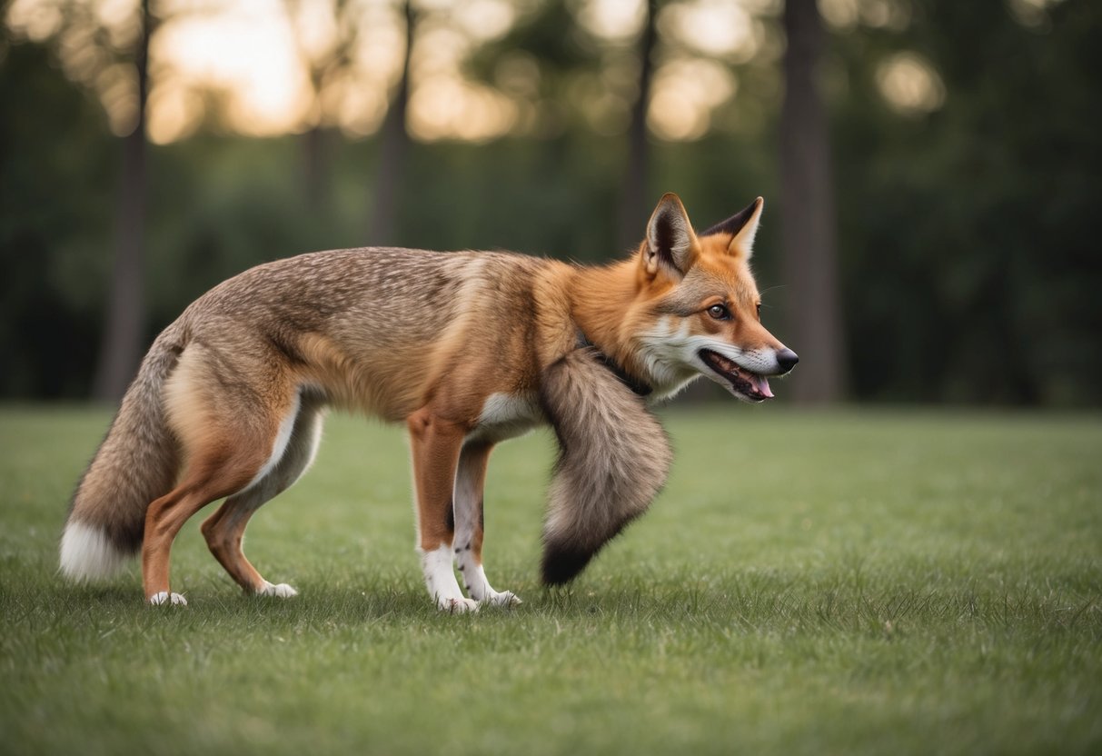 A dog cowers as a sly fox approaches, its tail tucked between its legs in fear