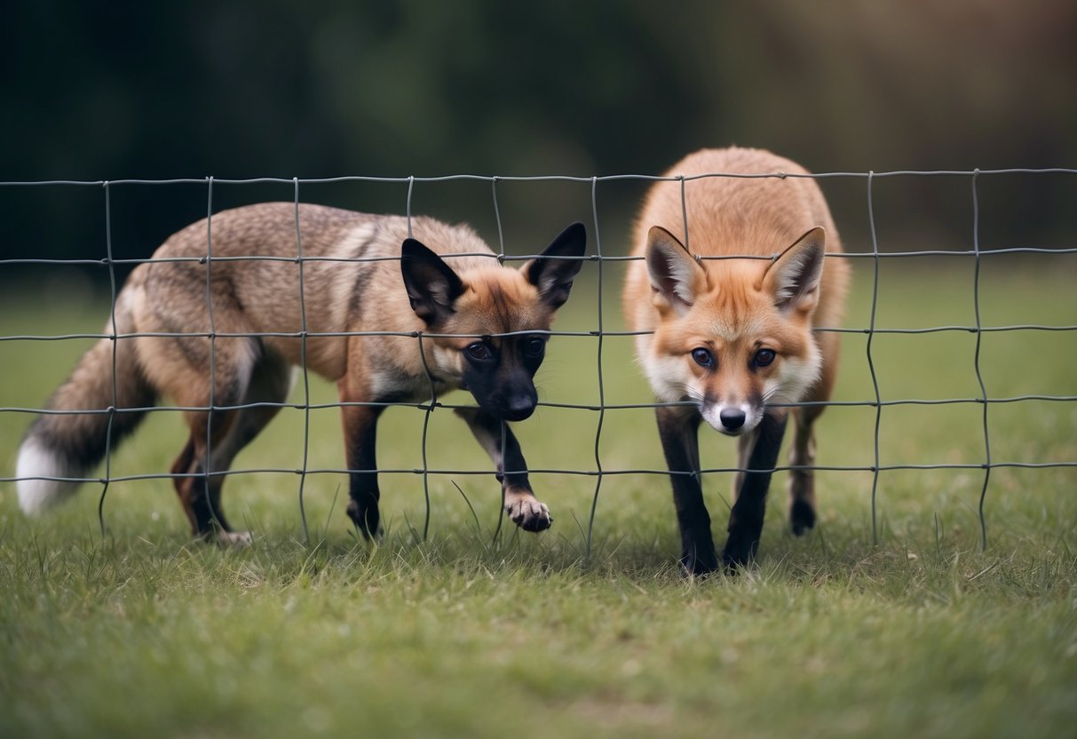 A small dog cowers behind a fence, ears flattened and tail tucked, as a sleek fox prowls nearby, its eyes fixed on the trembling canine