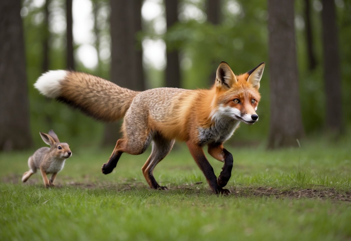 A red fox with a bushy tail sprints through a forest, its eyes fixed on a fleeing rabbit