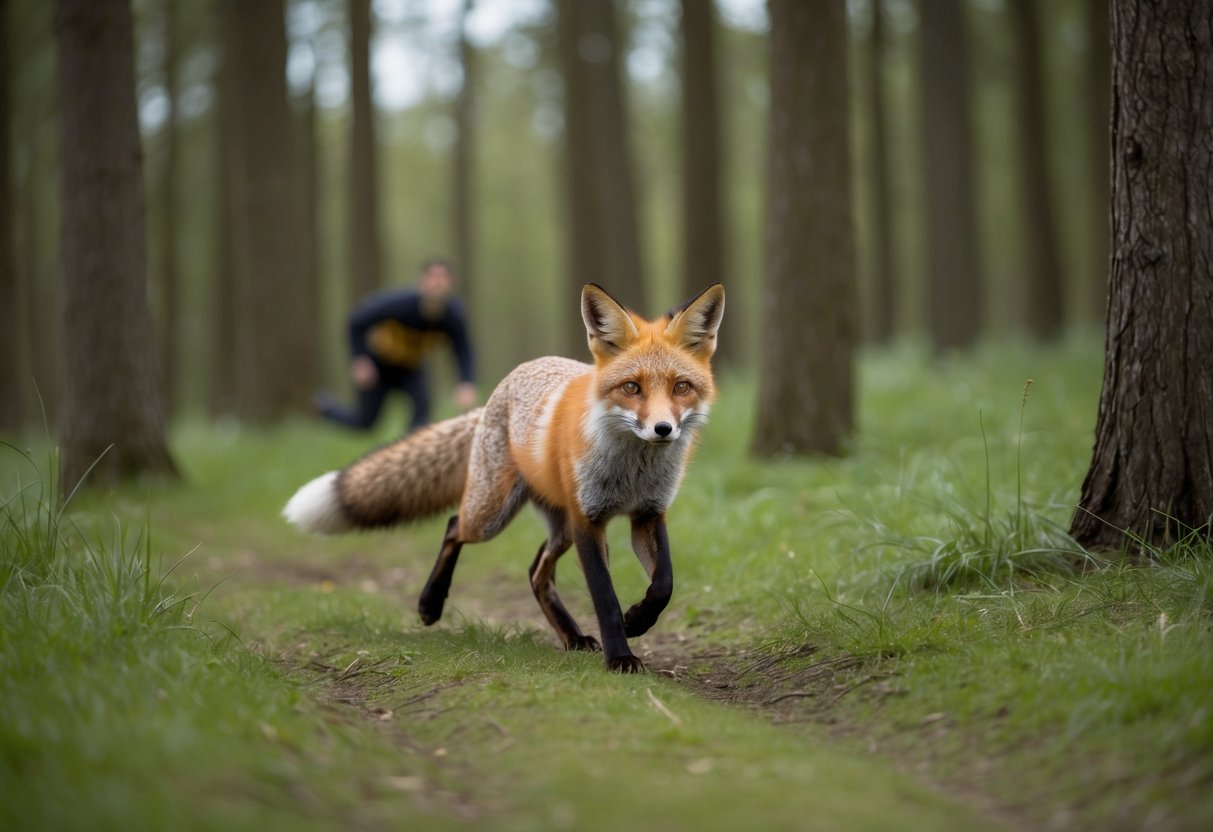 A fox darts through a forest, pursuing a fleeing figure