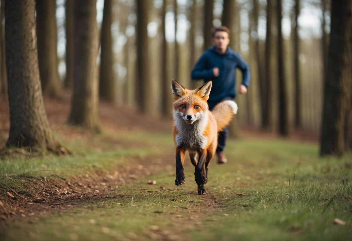 A fox chasing a person running in a forest