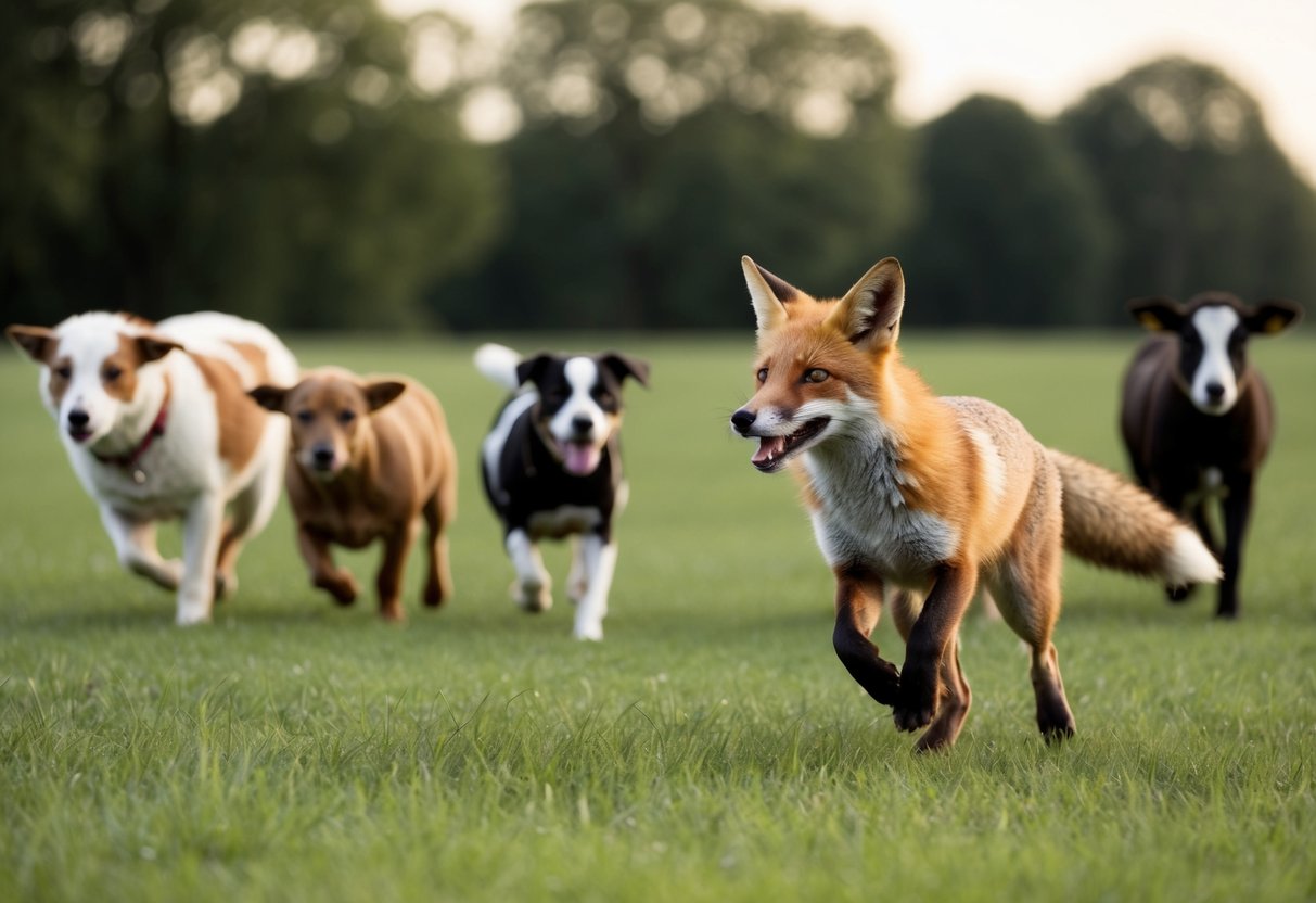 The fox playfully chases after a group of pets and livestock in a grassy field