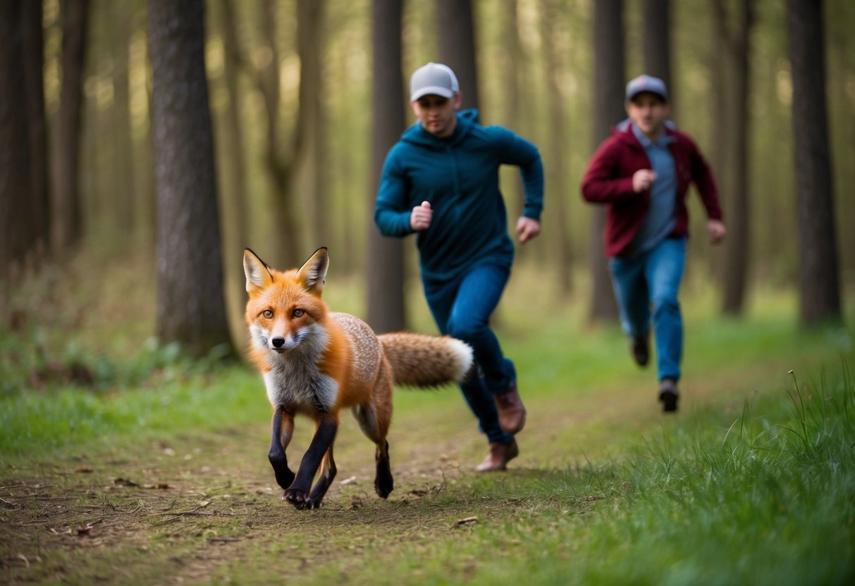 A fox chasing a person running through a forest