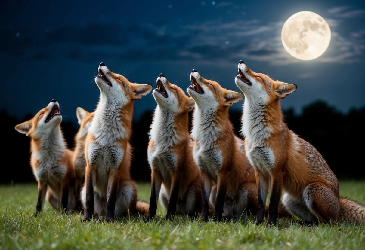 A group of foxes gather under the moonlit sky, their heads tilted back as they emit high-pitched screams, creating an eerie symphony in the summer night