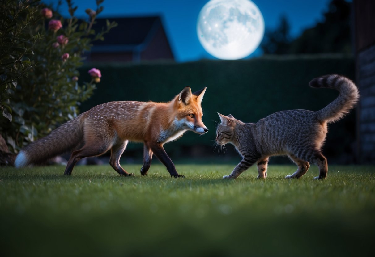 A fox stalks a wary cat in a moonlit garden