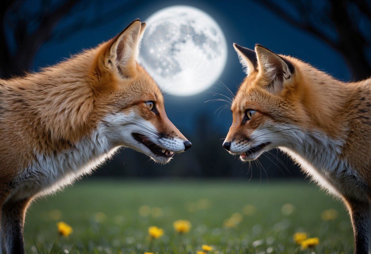 A fox and a cat face off in a moonlit clearing, their eyes locked in a tense standoff