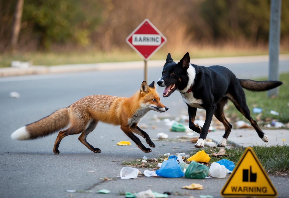 A fox being chased by a dog, with scattered trash and a warning sign nearby