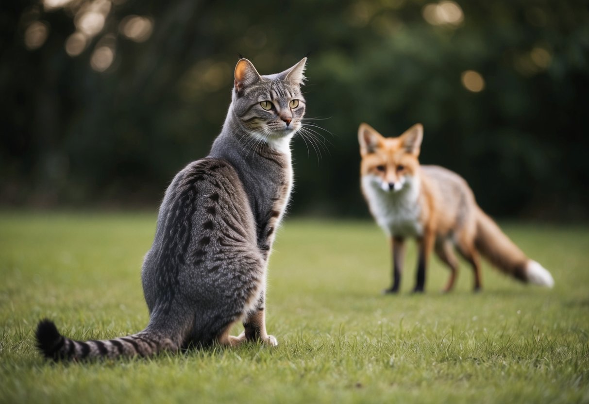 A cat standing on alert, back arched, facing a lurking fox in the distance