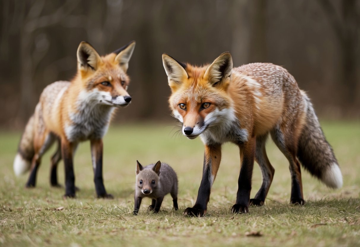 A fox cautiously approaches a small animal, ears alert and tail low. Another fox watches from a distance, keeping a safe distance