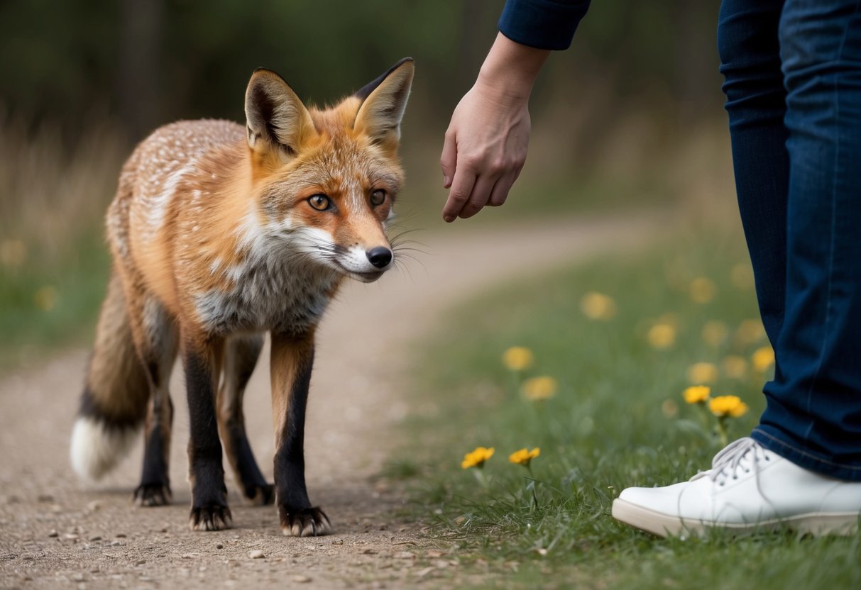 A fox cautiously approaches a person standing still, eyes wide with curiosity