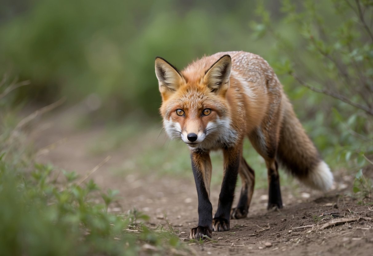 A fox cautiously approaches, its ears perked and eyes focused. It pauses, sniffing the air, then trots off into the underbrush