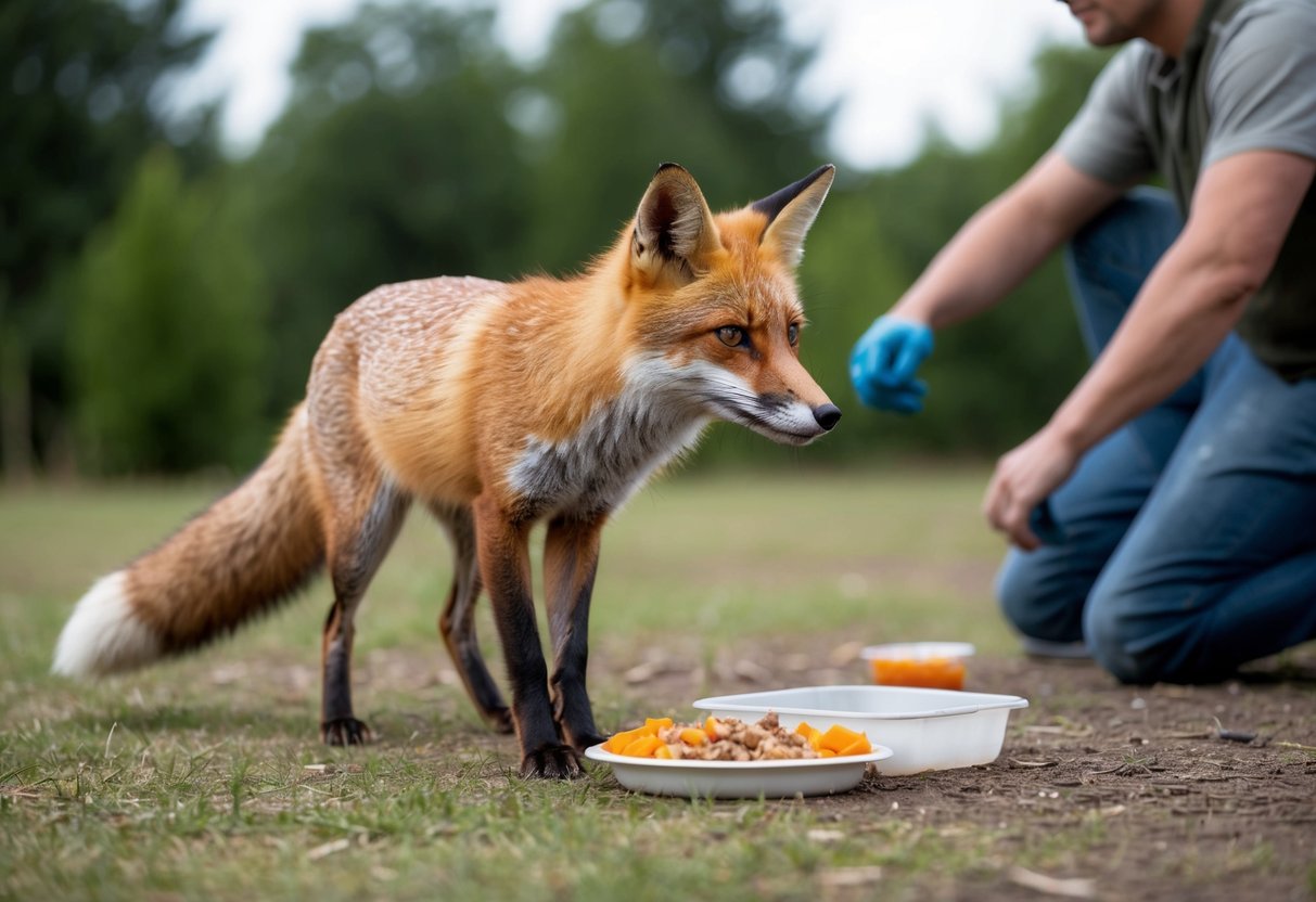 A fox cautiously approaches a human's discarded food, while the person watches from a distance, resisting the urge to approach or feed the wild animal