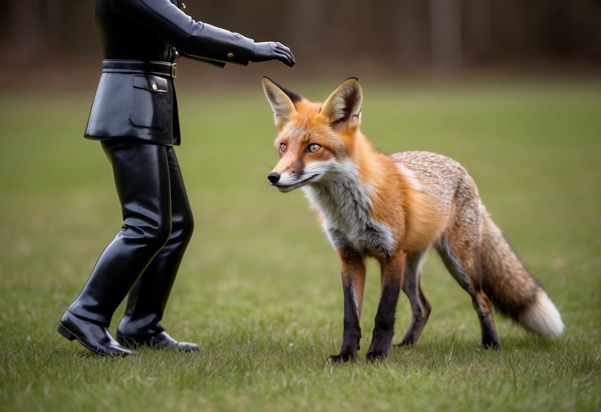 A startled fox cautiously approaches a figure, ears perked and eyes alert