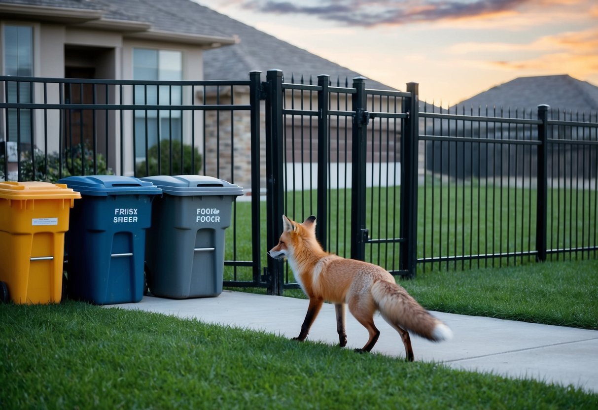 A fox approaches a home, surrounded by tall fencing and secure gates. Trash bins are locked, and pet food is stored indoors