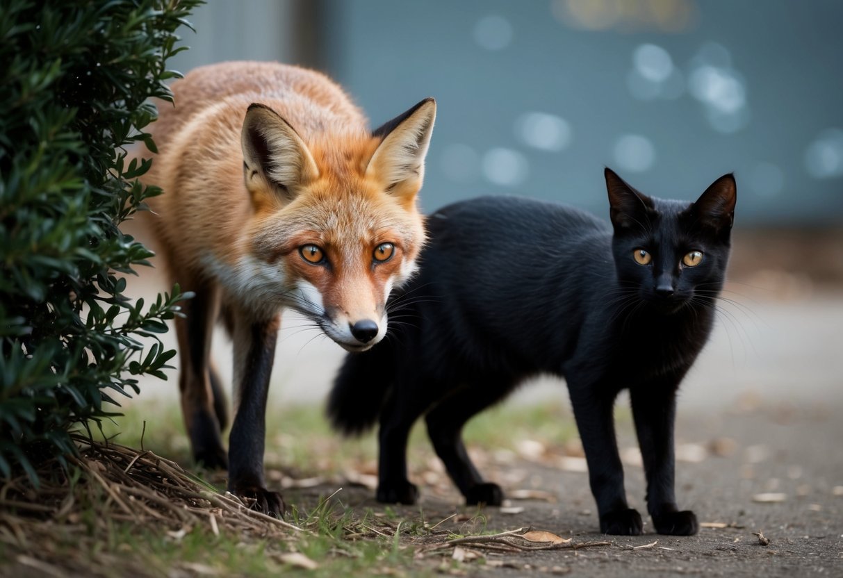 A fox lurks behind a bush, eyes fixed on a sleek black cat