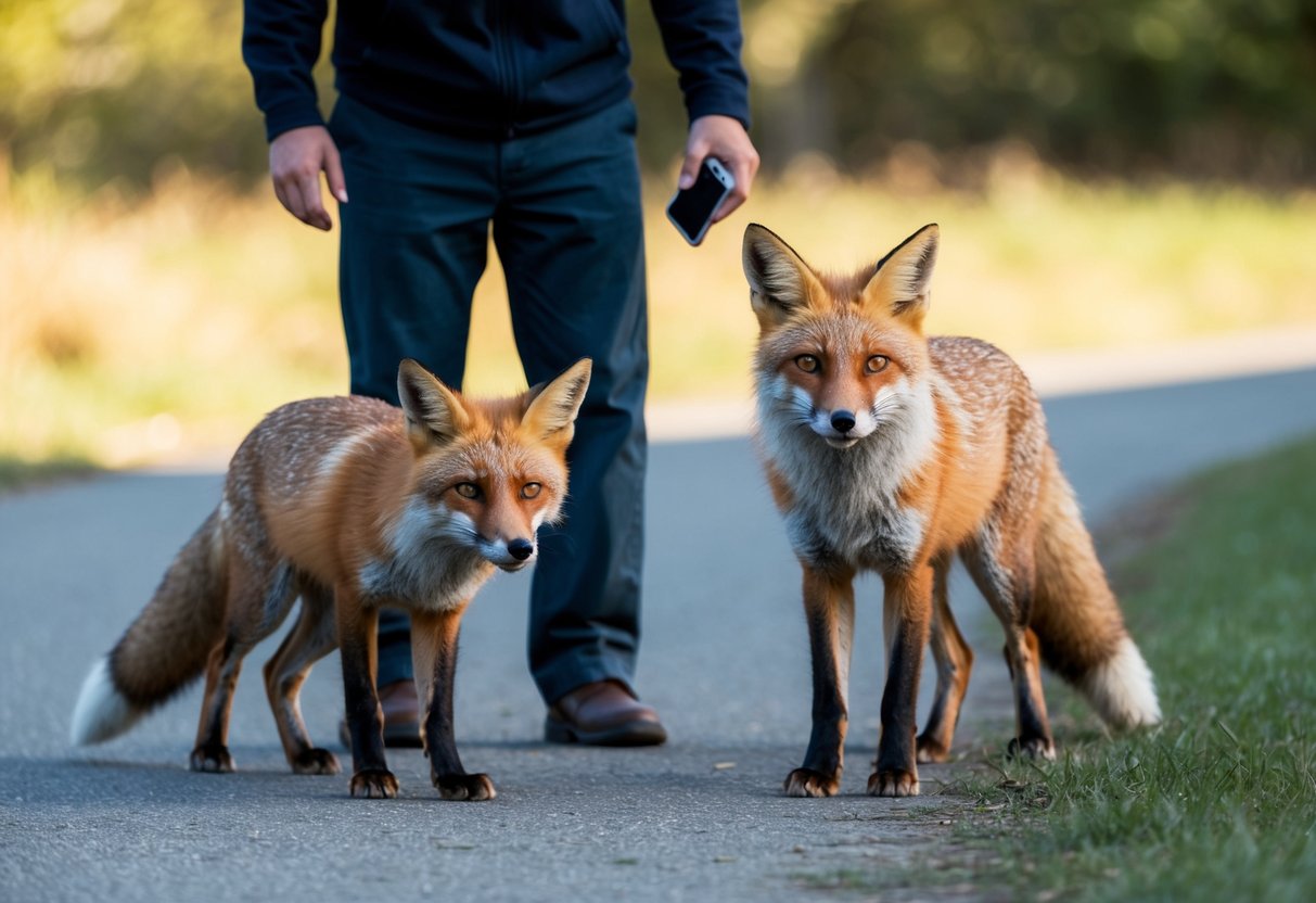 A fox cautiously approaches a person, who stands still with a concerned expression. The person holds a phone, indicating a desire to contact a professional for assistance