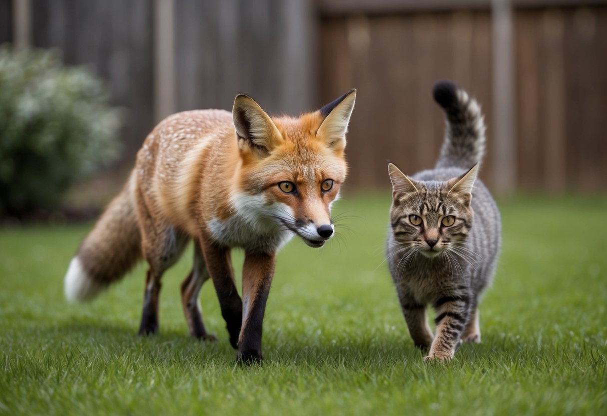 A fox silently stalks a domestic cat in the backyard, its eyes fixed on its prey as it prepares to pounce