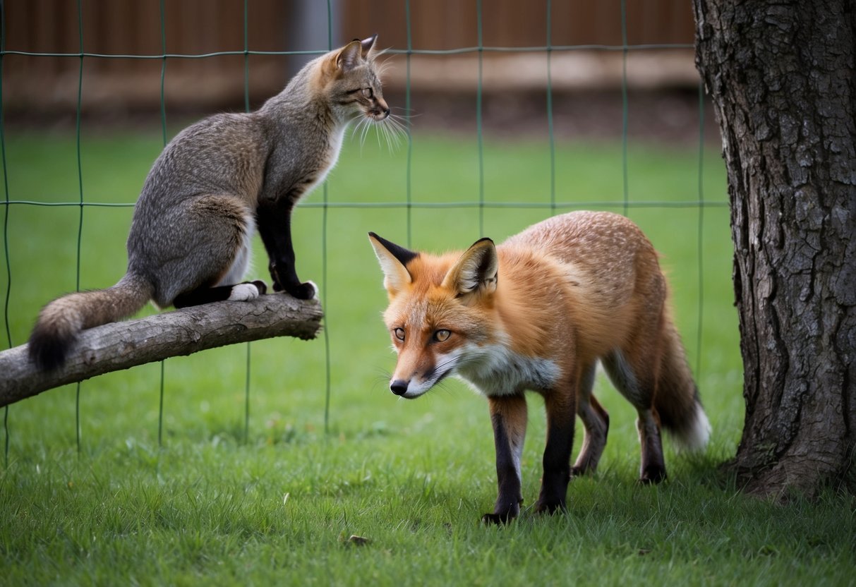 A fox lurking outside a fenced yard, eyeing a wary cat perched on a tree branch, ready to pounce