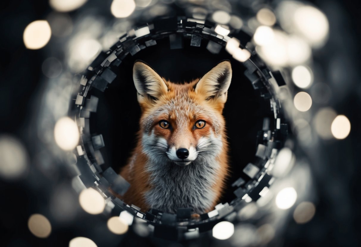 A fox surrounded by a mix of dark and light elements, with a mysterious and enigmatic expression on its face