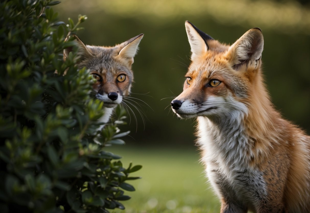 A fox silently watches a cat from behind a bush, its eyes focused and body tense, waiting for the perfect moment to strike