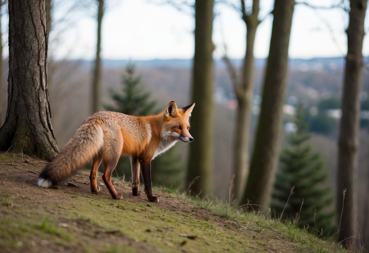 A fox stands at the edge of a forest, observing both the natural world and a human society in the distance