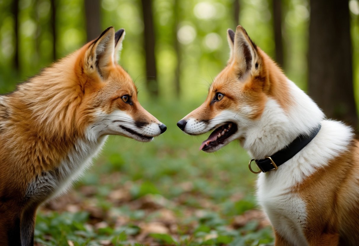 A fox and a dog facing each other in a wooded area