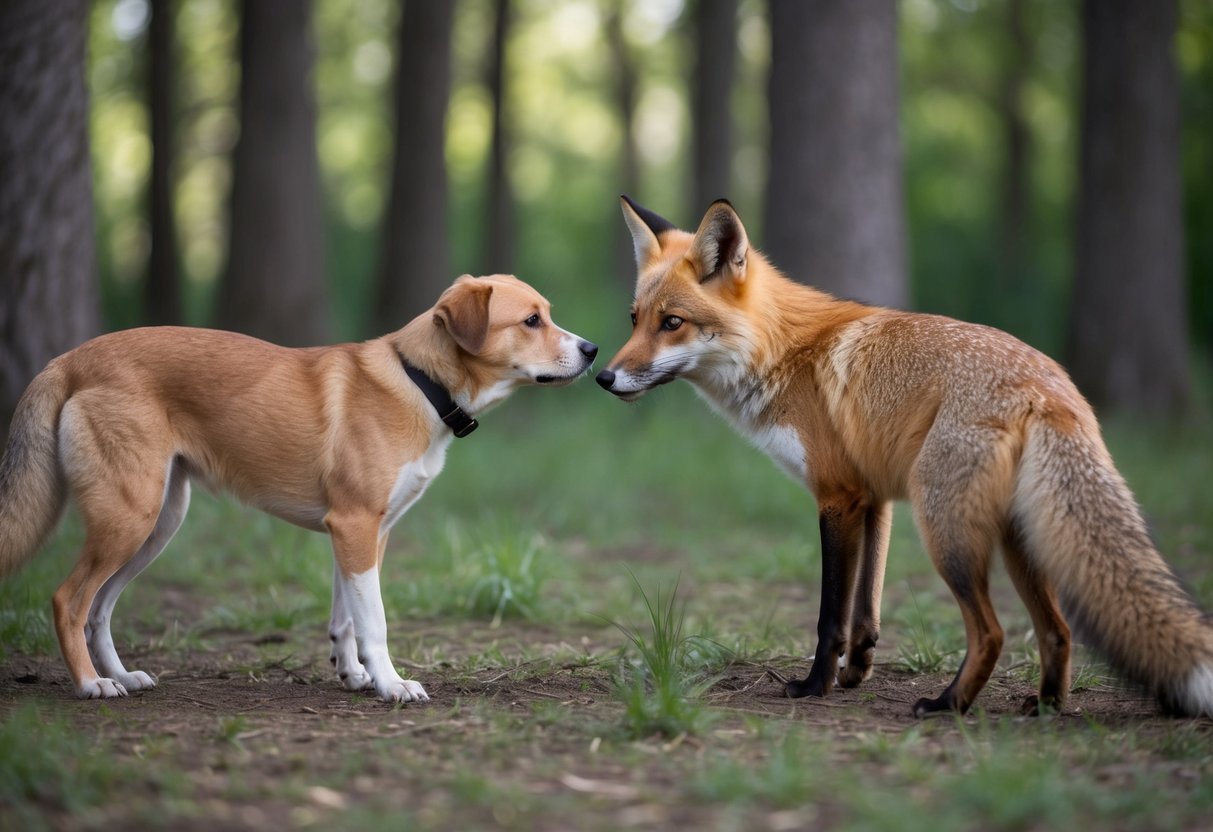 A curious dog sniffs cautiously at a wary fox, both creatures eyeing each other warily in a forest clearing