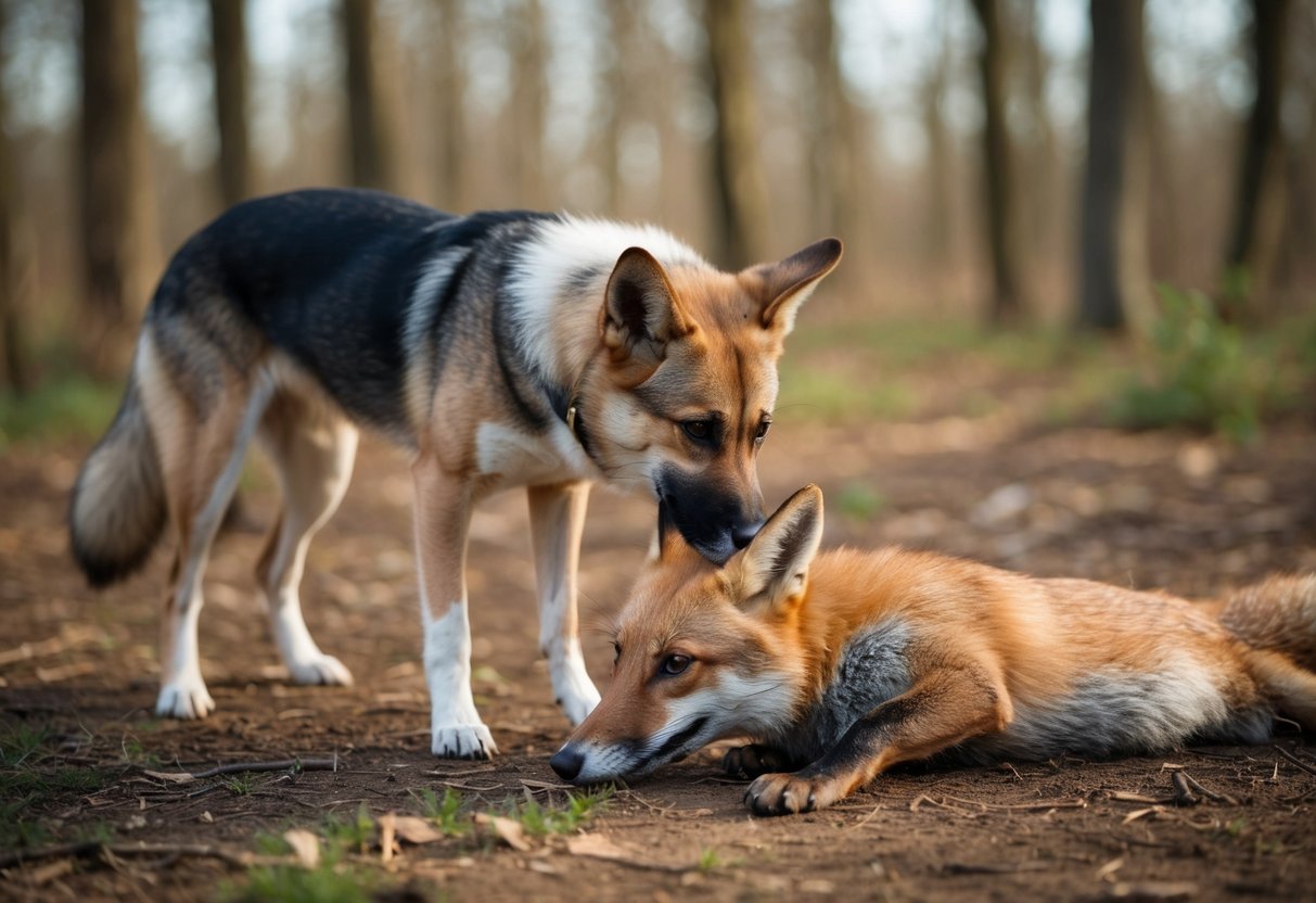 A dog sniffing cautiously at a fox carcass in a wooded area