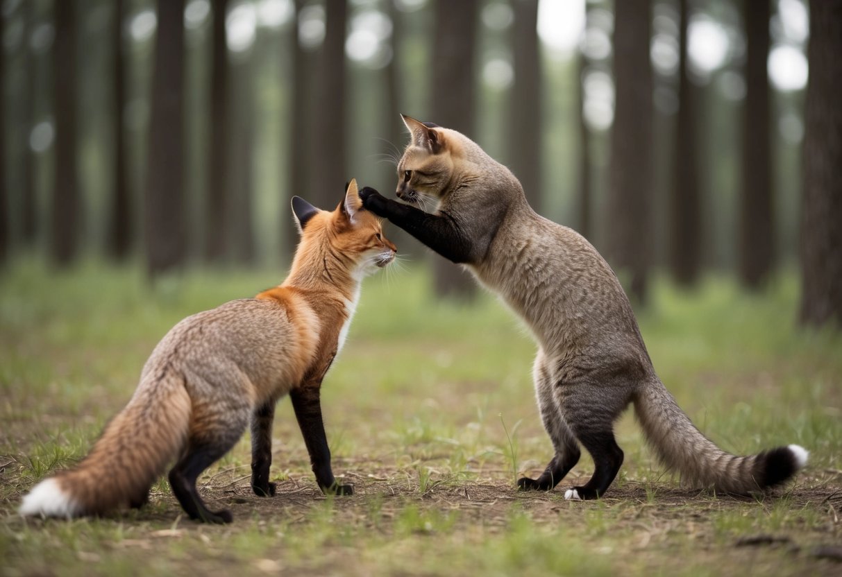 A cat arches its back, fur bristling, facing off against a sleek, sly fox in a forest clearing