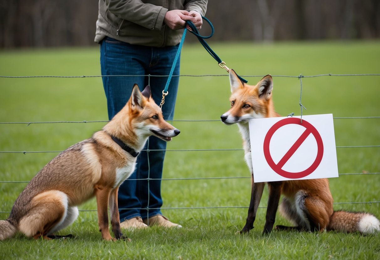 A dog and a fox separated by a fence, with the dog on a leash and the owner holding a sign with a red circle and line through it