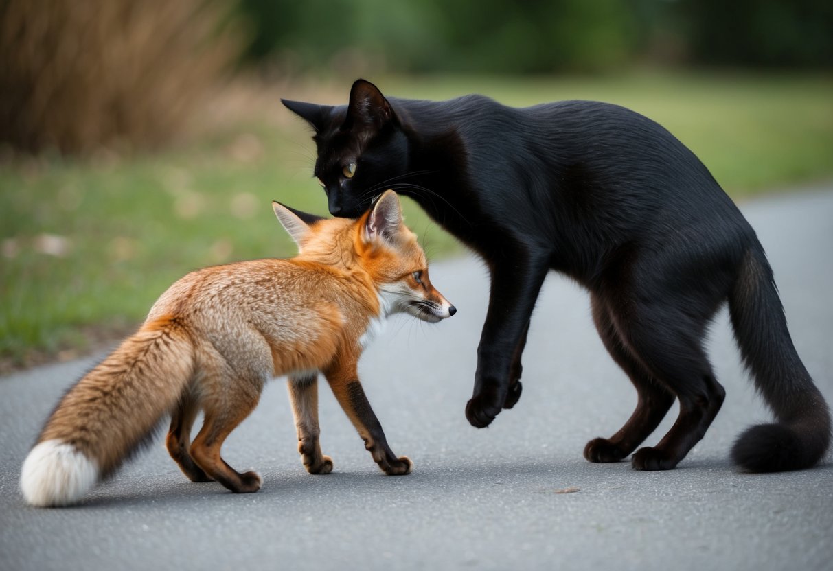 A sleek black cat arches its back, hissing at a red fox with a bushy tail. The fox crouches low, ears flattened, eyeing the cat warily