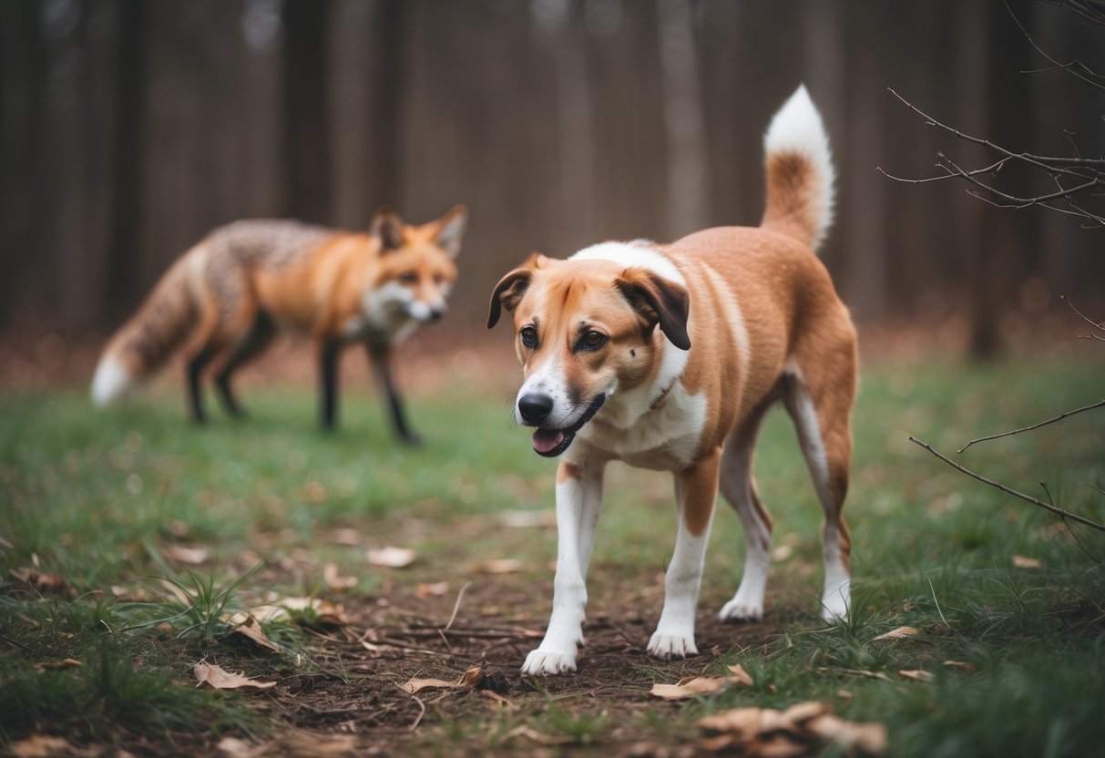 A dog sniffing around a wooded area, with a fox in the background