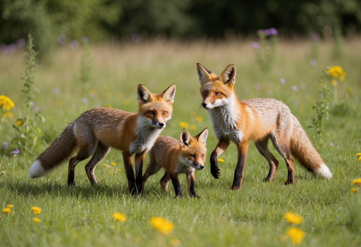 A fox family playing in a grassy meadow, surrounded by wildflowers and trees