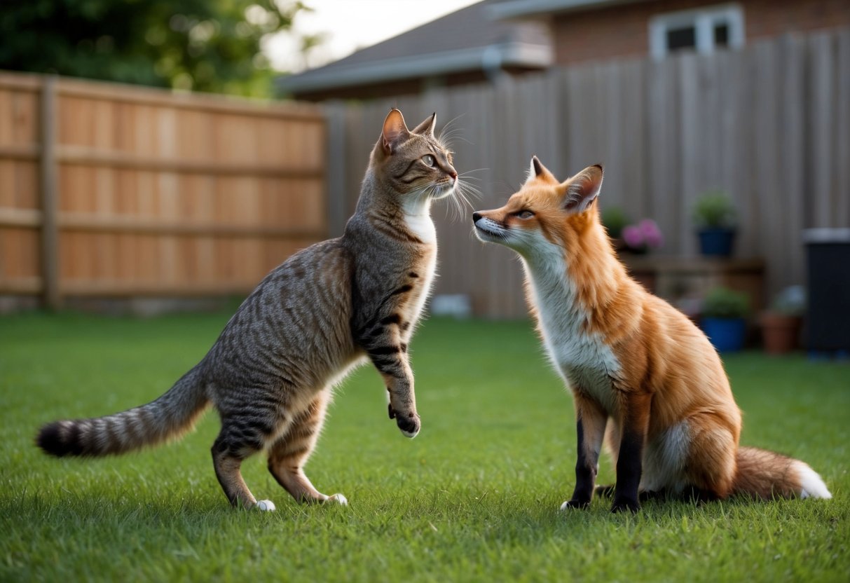A cat stands tall, fur bristling, facing off against a fox in a backyard